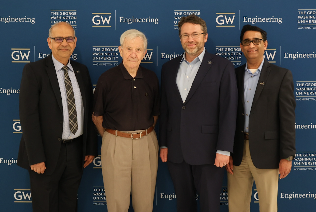 From left: ECE Department Chair Tarek El-Ghazawi, Professor Herman J. Helgert, GW Engineering Dean John Lach, and Vice Provost for Graduate and Postdoctoral Affairs Suresh Subramaniam.