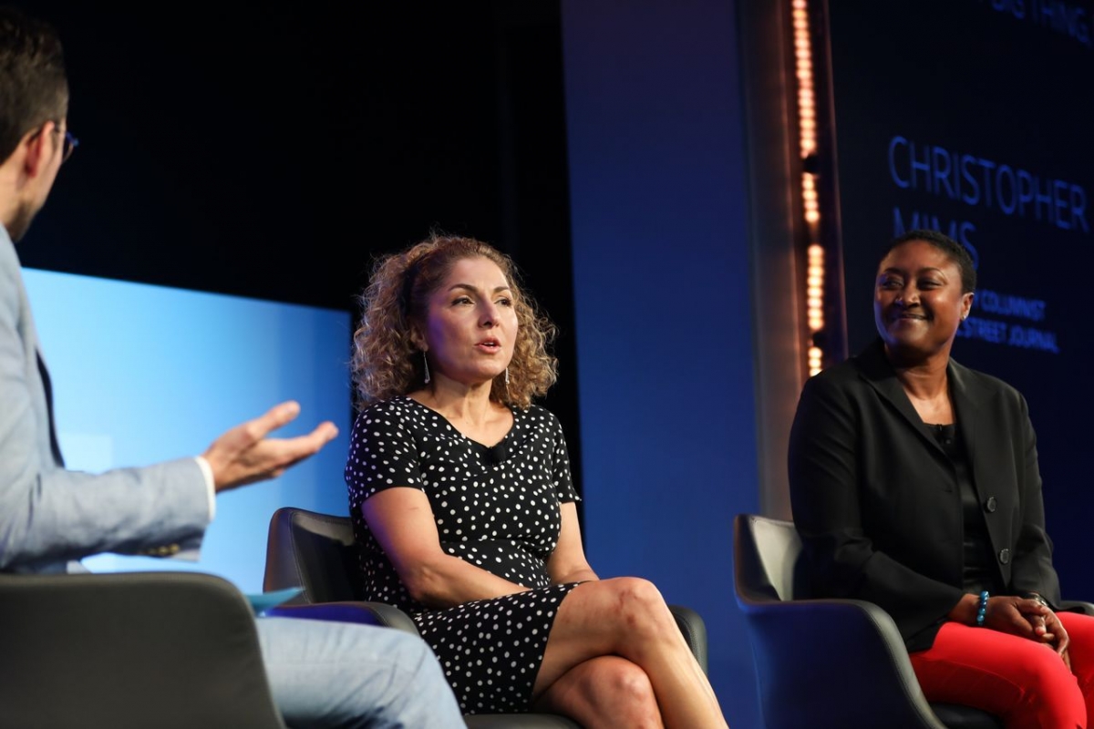 Anousheh Ansari pictured on stage with fellow alumna Aicha Evans