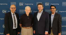 From left: ECE Department Chair Tarek El-Ghazawi, Professor Herman J. Helgert, GW Engineering Dean John Lach, and Vice Provost for Graduate and Postdoctoral Affairs Suresh Subramaniam.