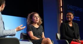 Anousheh Ansari pictured on stage with fellow alumna Aicha Evans
